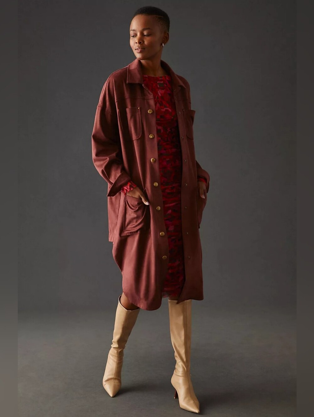 Anthropologie Pilcro Faux Suede Duster Coat Rust Brown Long Utility Jacket - Picture 1 of 6